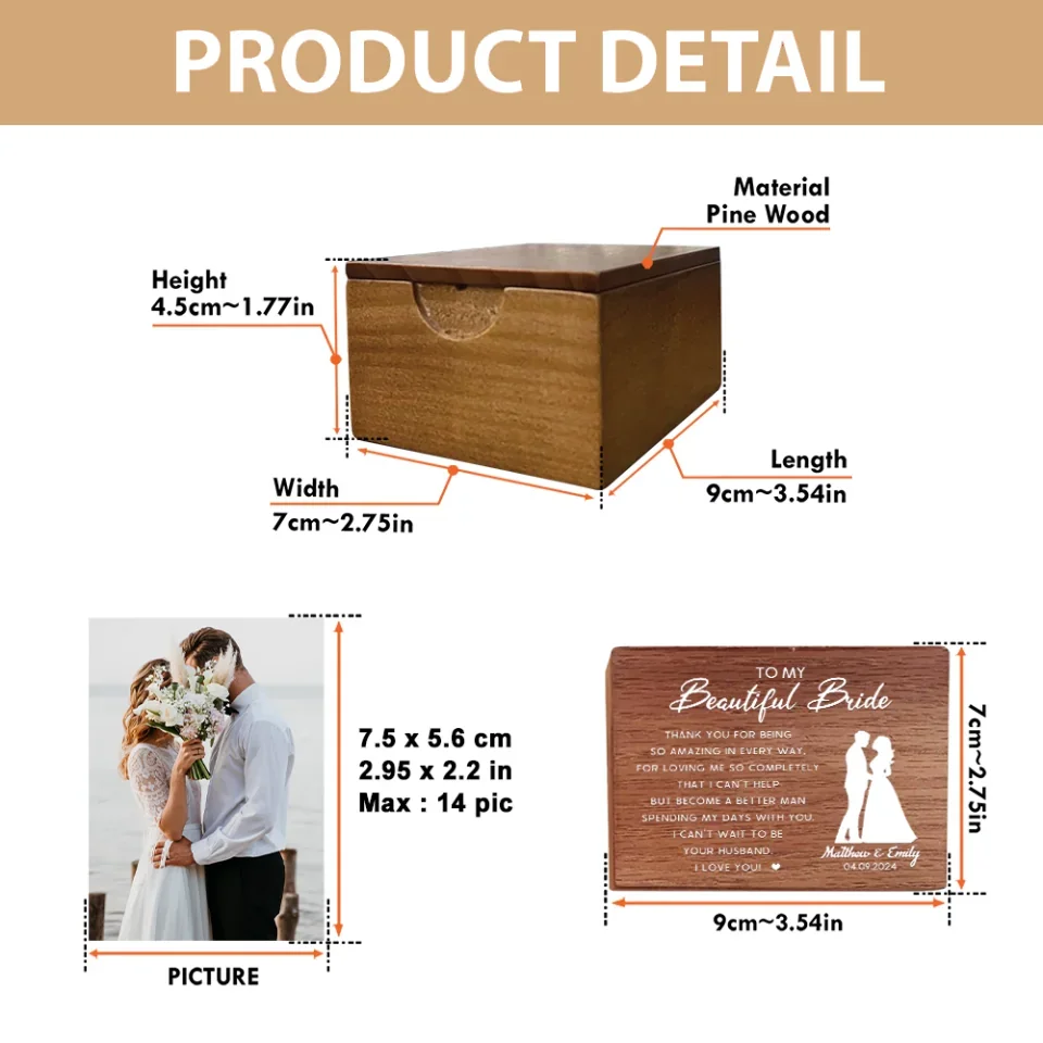 To My Beautiful Bride I Love You - Wooden Photo Box - Wedding Gifts - Anniversary Gift For Couples - Gift For Wife From Husband - Image 3