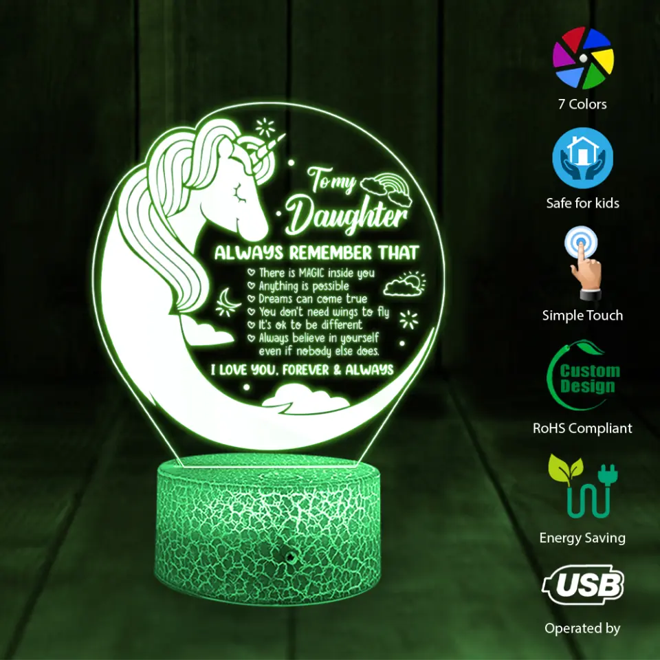 To My Daughter Quote Dreaming Unicorn Custom 3D Light Birthday Gift For Daughter