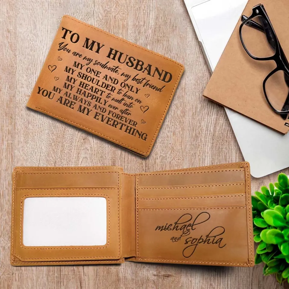 To My Husband You Are My Soulmate My Best Friend, Personalized Engraved Name Leather Wallet, Anniversary Gift for Him - Image 4