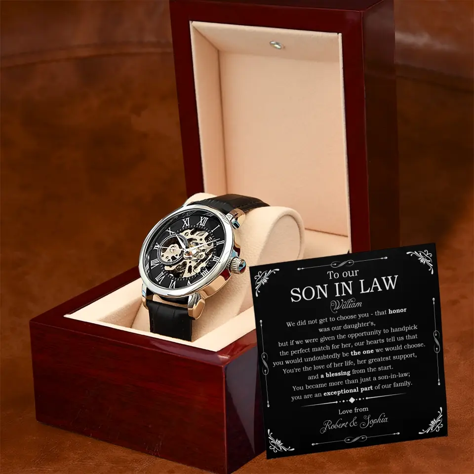 To Our Son In Law Personalized Men's Openwork Watch - Image 3