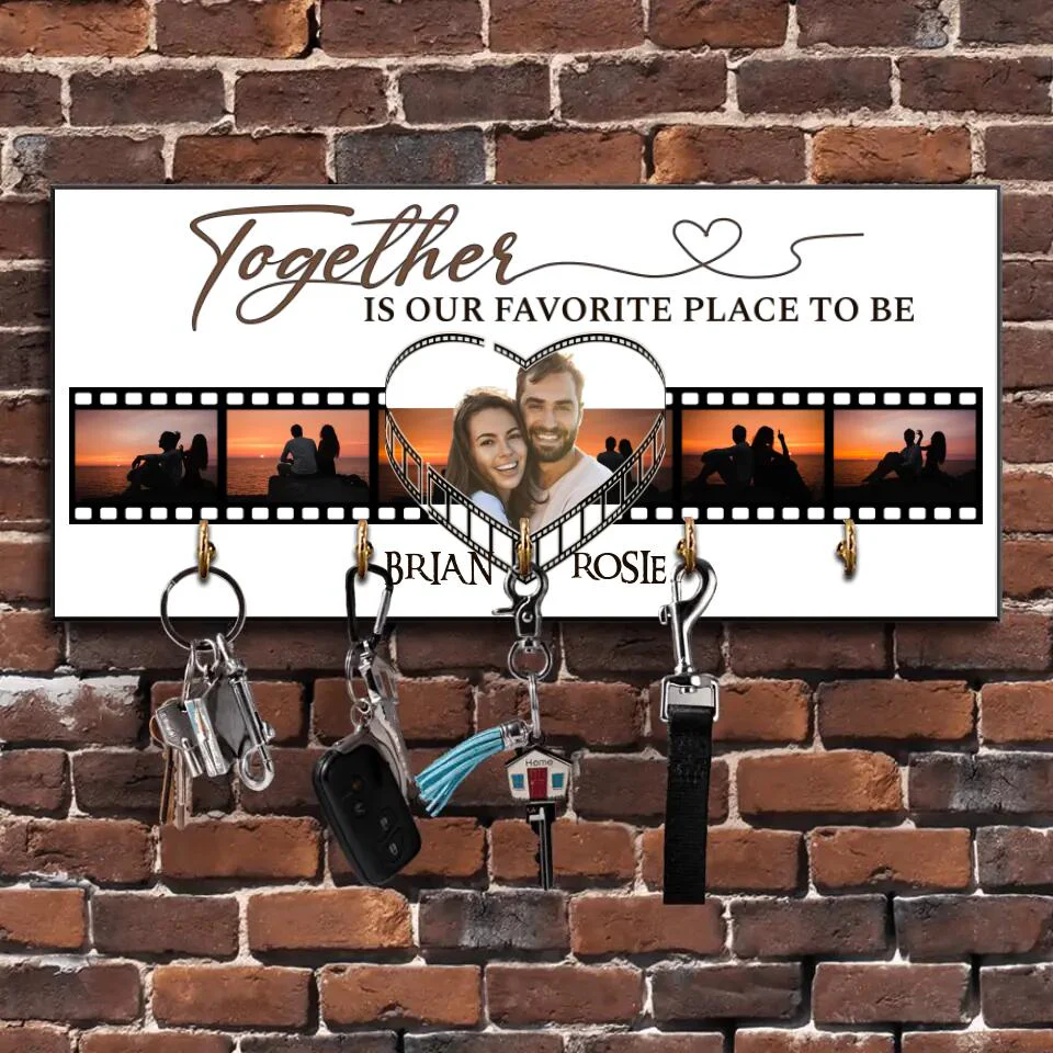 Couple Wooden Sign Together is Our Favorite Place To Be - Personalized Wooden Key Holder - Custom Photo & Names - Image 5