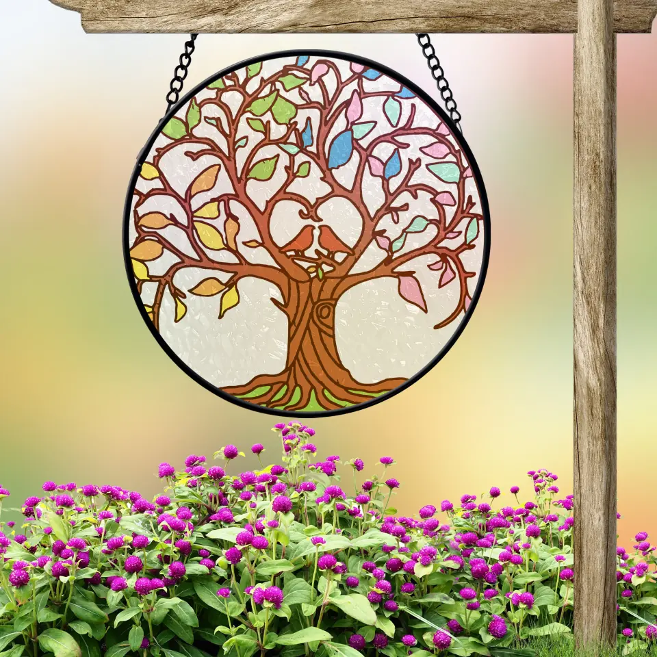 Tree of Life - Bird Couple - Round Stained Glass - Hanging Decor - Gift for Spiritual People