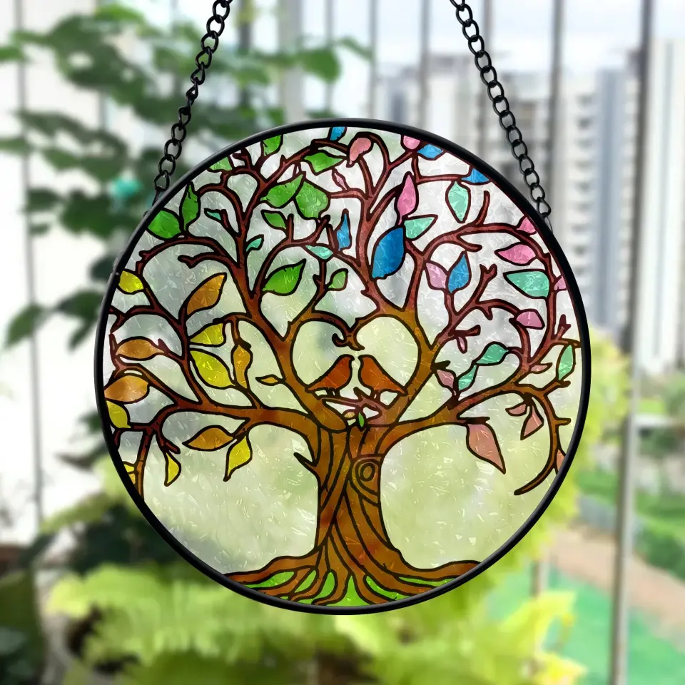 Tree of Life - Bird Couple - Round Stained Glass - Hanging Decor - Gift for Spiritual People - Image 2