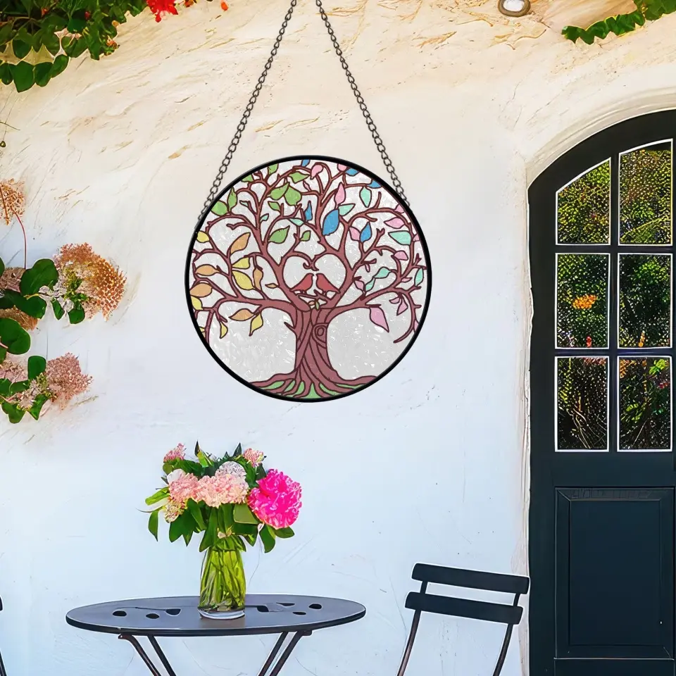 Tree of Life - Bird Couple - Round Stained Glass - Hanging Decor - Gift for Spiritual People - Image 4