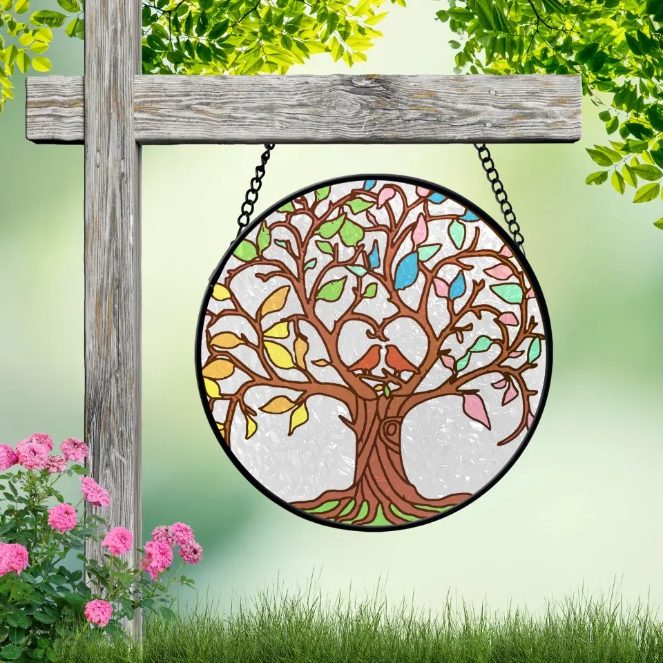 Tree of Life - Bird Couple - Round Stained Glass - Hanging Decor - Gift for Spiritual People - Image 5