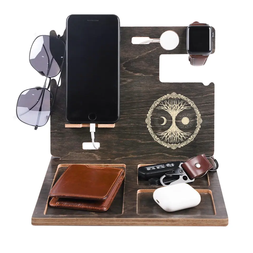 Tree Of Life Featuring Sun and Moon Symbols Personalized Wooden Dock Station - Image 2