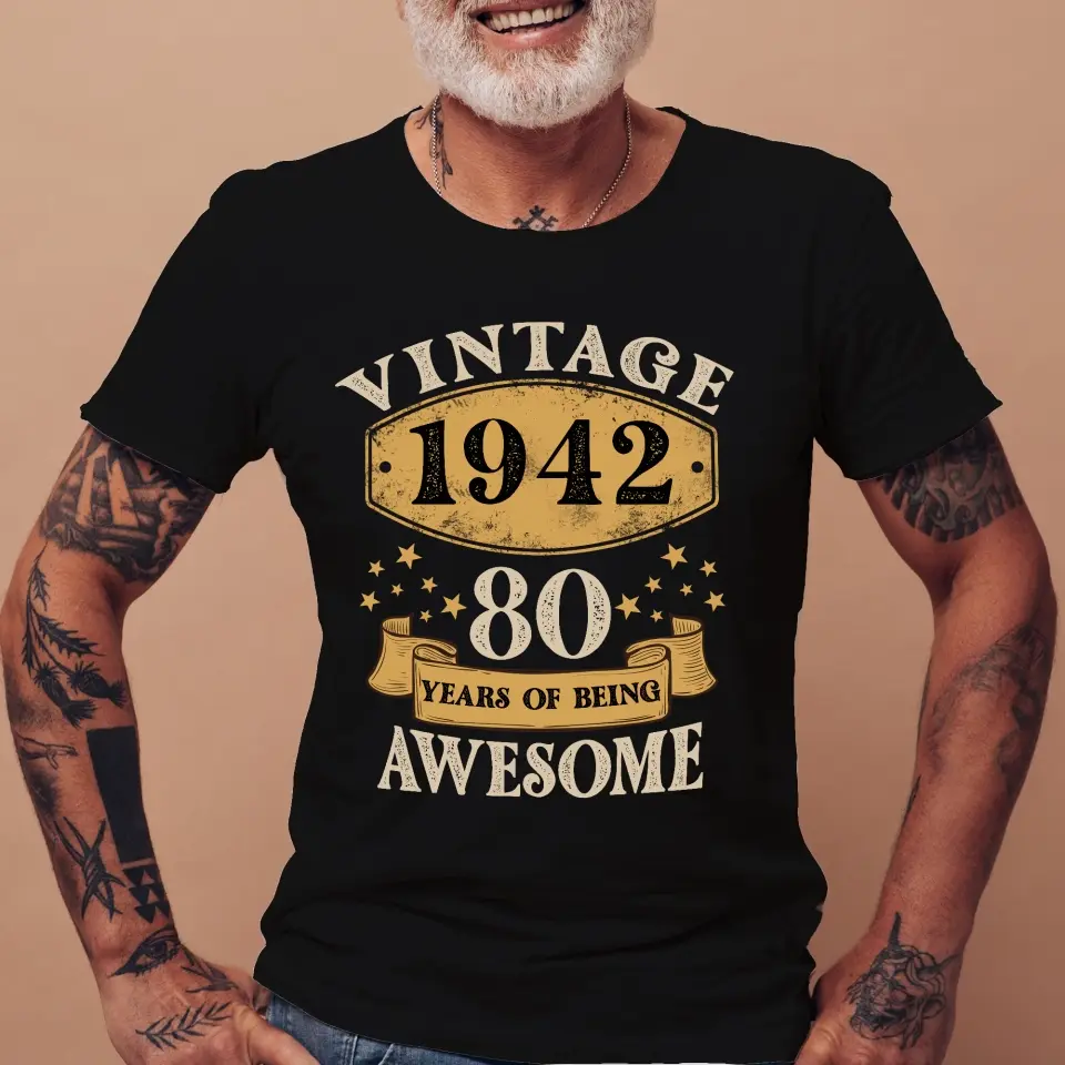 Vintage 1943, 80 Years Of Being Awesome - Personalized T-shirt - Custom Year & Age - 80th Birthday Gift - Image 3