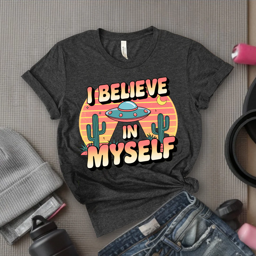 Vintage I Believe in Myself UFO T-shirt - Unisex Jersey Short Sleeve Shirt - Women Empowerment Inspired Tee - Gift for Yourself - Bella Canvas 3001 - Image 2