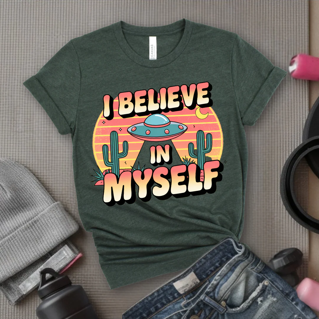 Vintage I Believe in Myself UFO T-shirt - Unisex Jersey Short Sleeve Shirt - Women Empowerment Inspired Tee - Gift for Yourself - Bella Canvas 3001 - Image 4