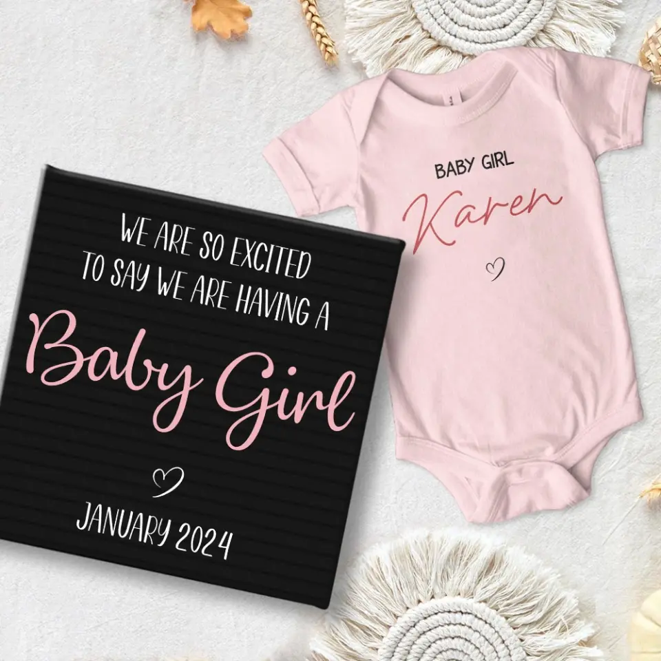 We Are So Excited To Say We're Having A Baby Custom Canvas And Babysuit Gender Reveal Gift - Image 4