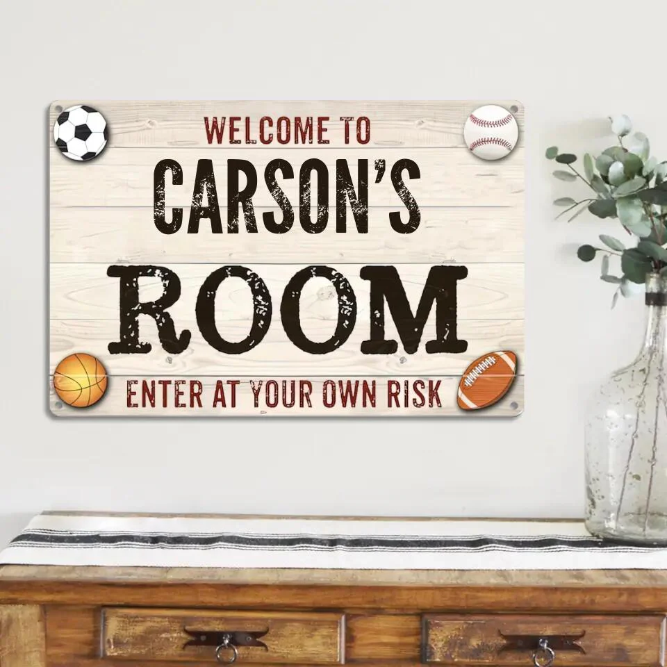 Welcome Enter Your Own Risk, Sporty Printed Metal Sign, Gift for Baseball Soccer Football Basketball Fan - Image 2