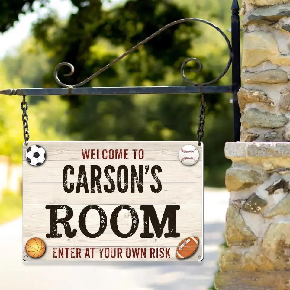 Welcome Enter Your Own Risk, Sporty Printed Metal Sign, Gift for Baseball Soccer Football Basketball Fan - Image 3