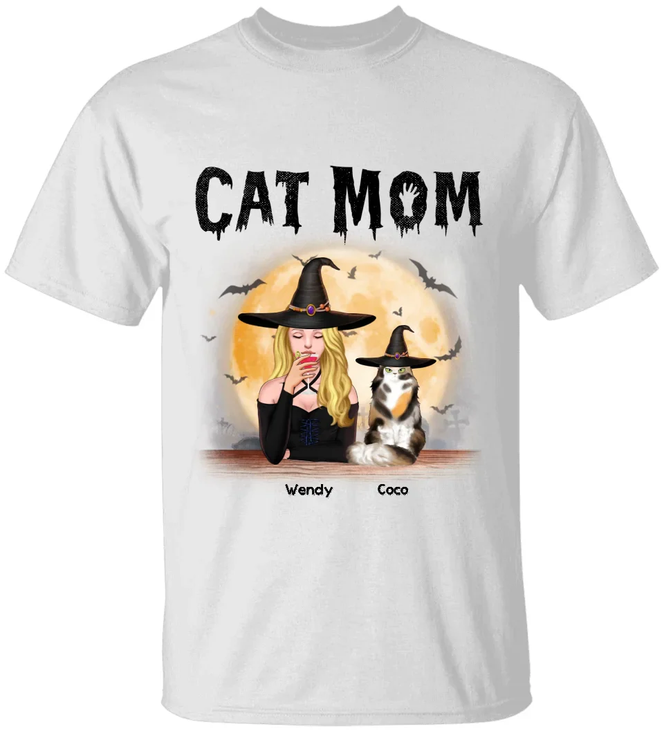 Cat Mom, Witch Mom - Personalized Witch T-shirt - Witchy Gift, Halloween Gift for Cat Mom - Image 2